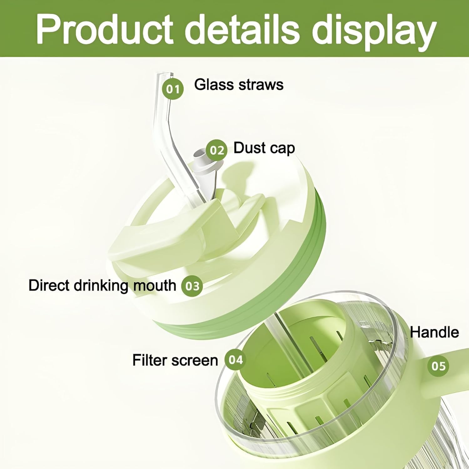 550ml Fluted Glass Tumbler Mug with Handle, Straw & Infuser Lid - Image 5