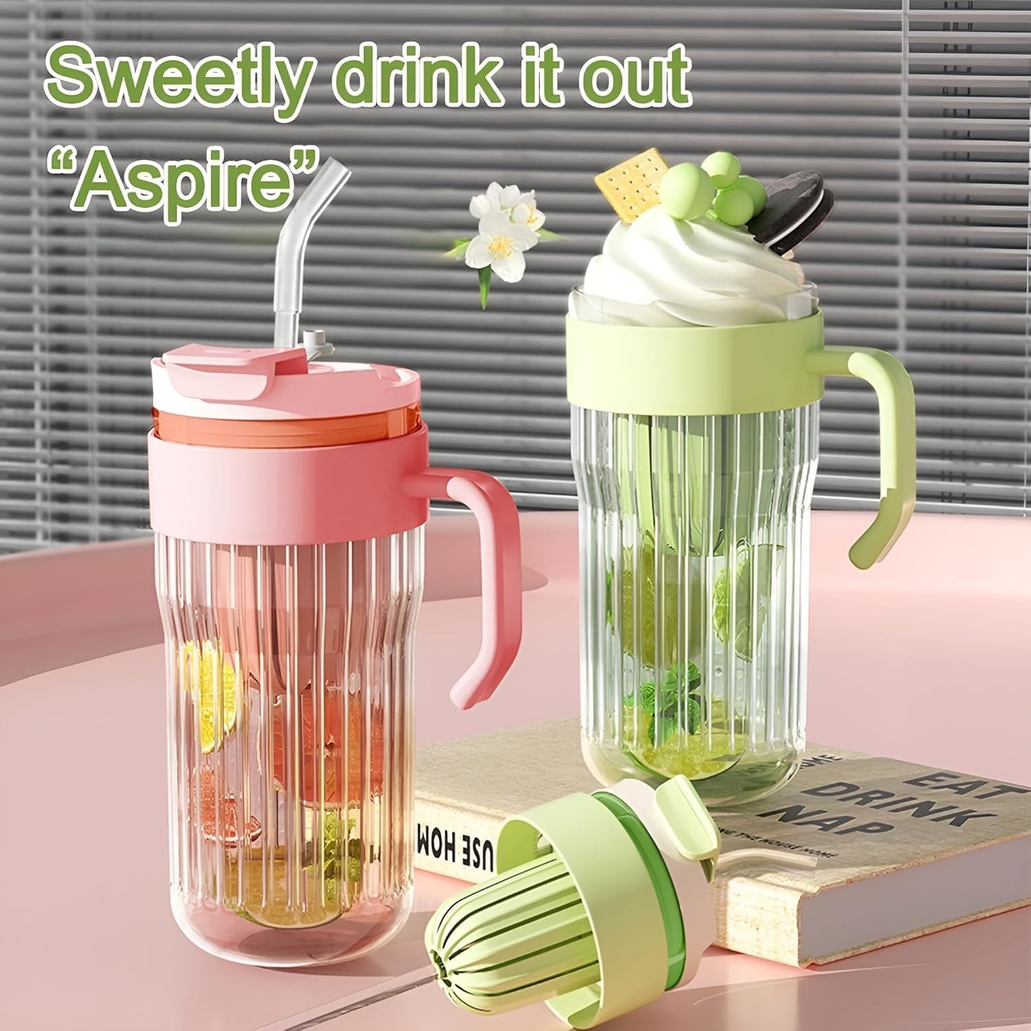 550ml Fluted Glass Tumbler Mug with Handle, Straw & Infuser Lid - Image 4